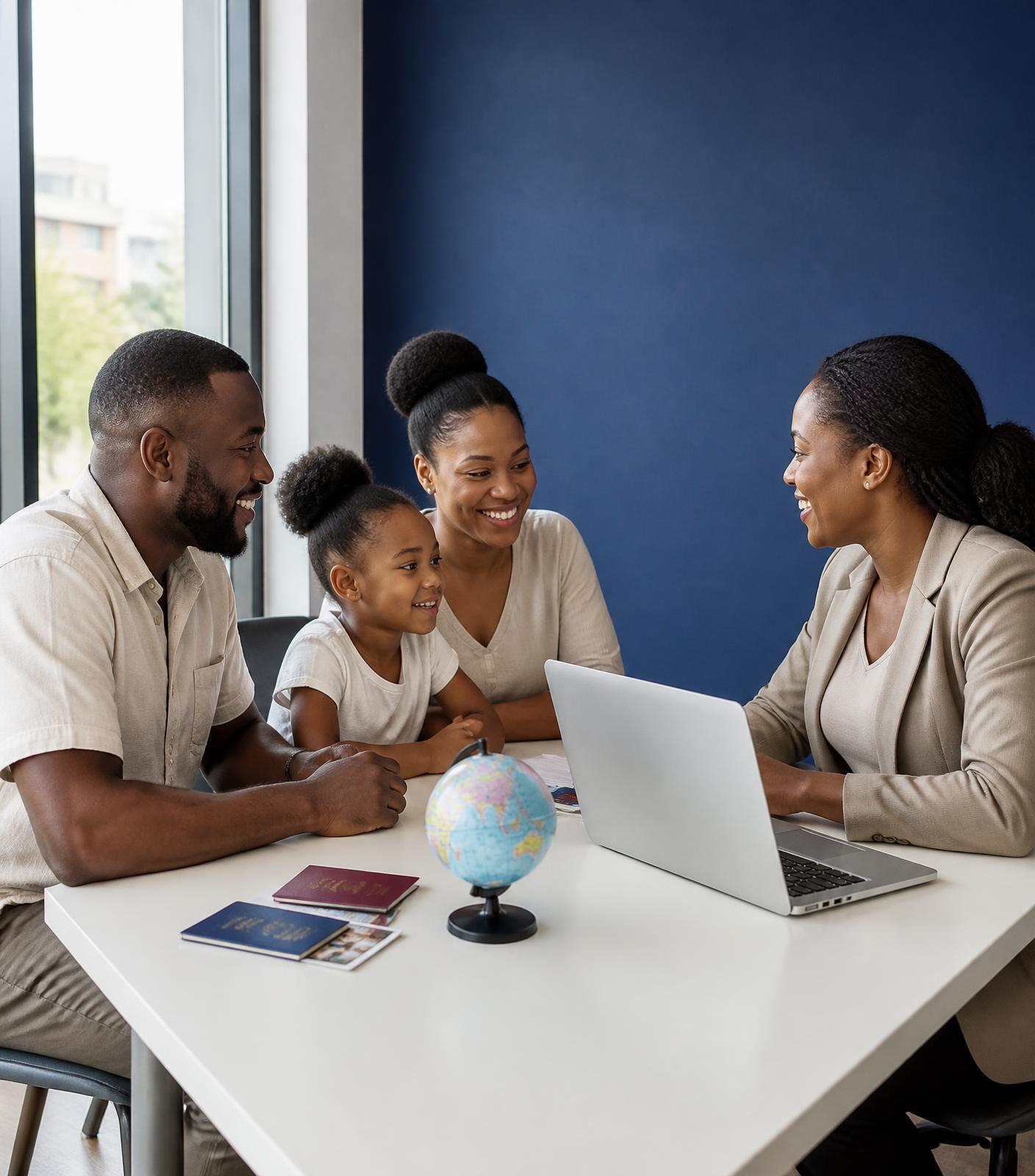 Travel consultant reviewing travel plans with a family at a modern travel agency office