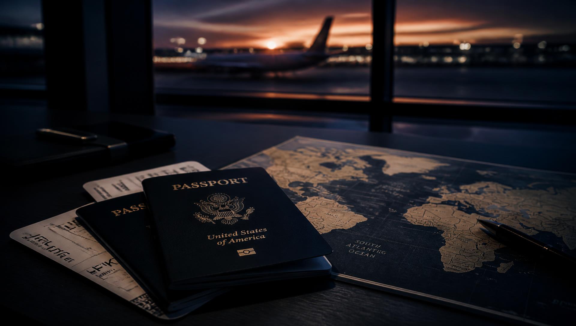 Passports, boarding passes and a world map on a desk beside an airport window at dusk