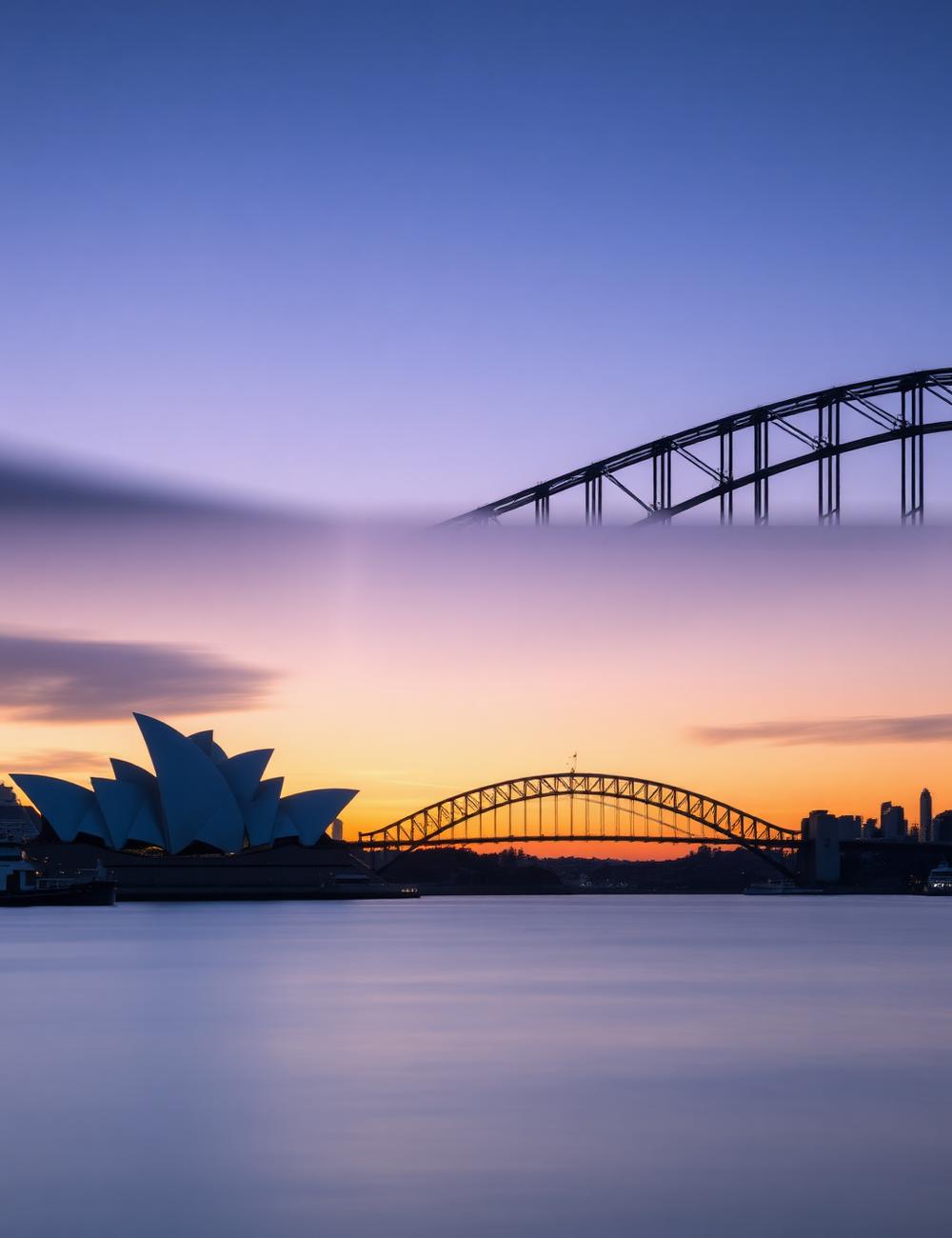 Sydney Opera House and Harbour Bridge at sunrise