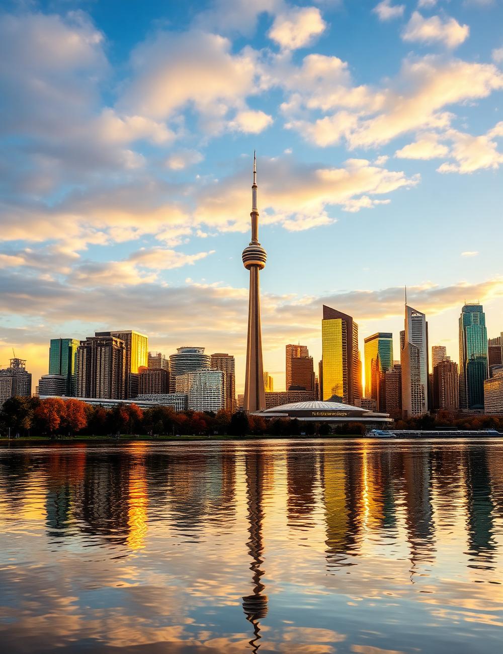 Toronto skyline and CN Tower reflected in Lake Ontario at golden hour
