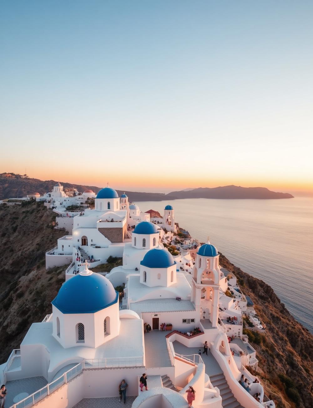 White cliffside village with blue domes overlooking the Aegean sea