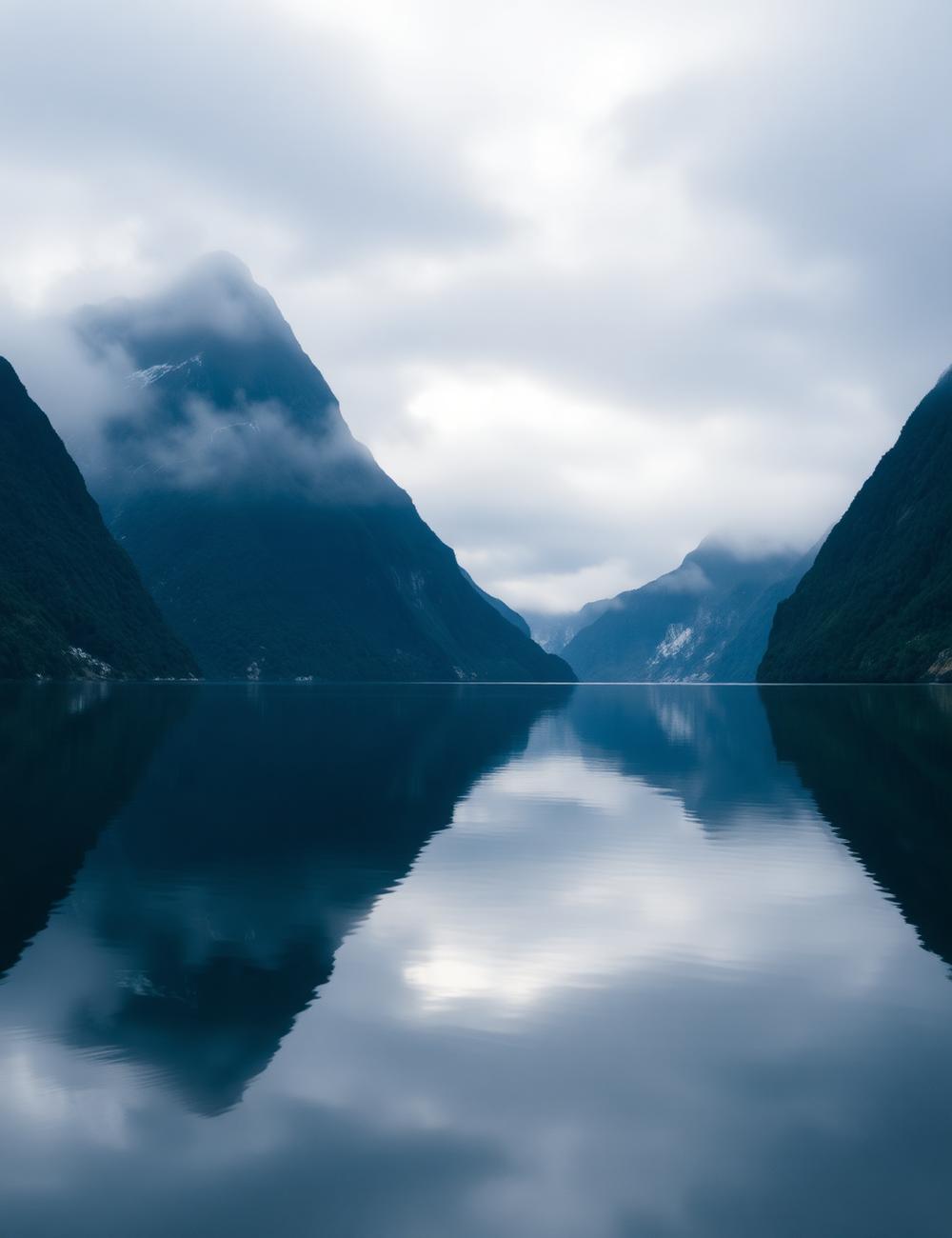 Misty fjord mountains reflected in still water in New Zealand