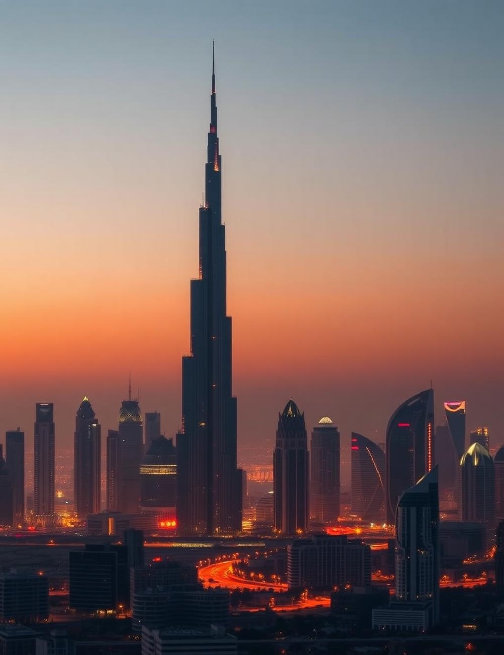 Dubai skyline with the Burj Khalifa at dusk