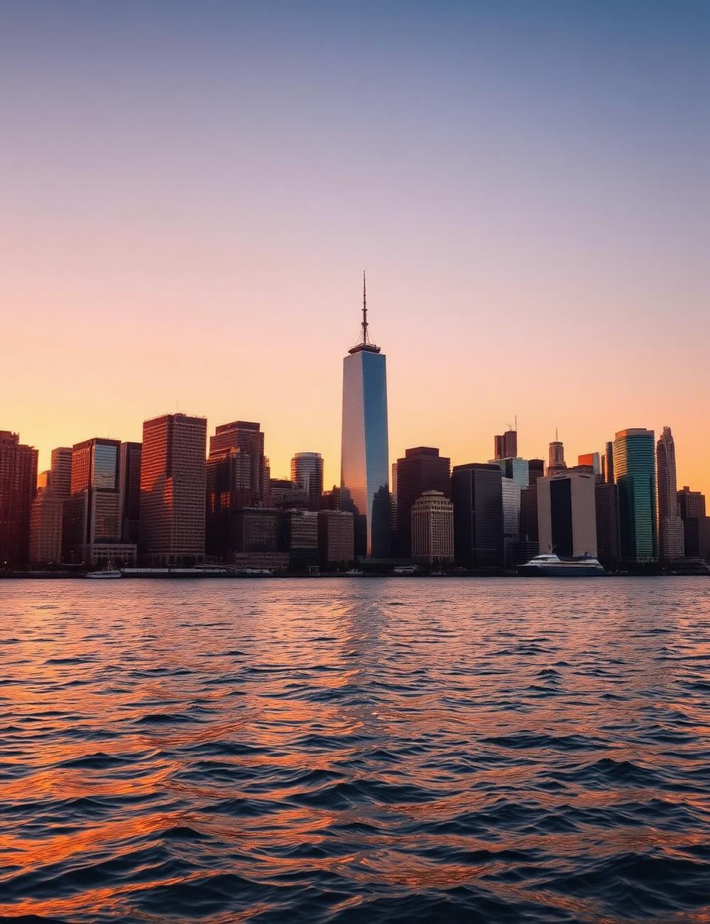 Manhattan skyline at sunset seen from the water